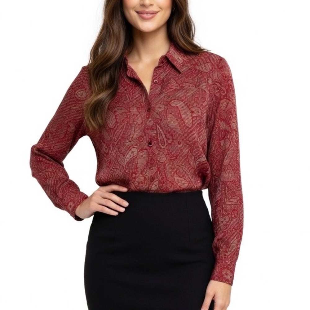 Vintage 80s Burberrys Red & Beige Paisley Silk Button Down Blouse EU42 US M